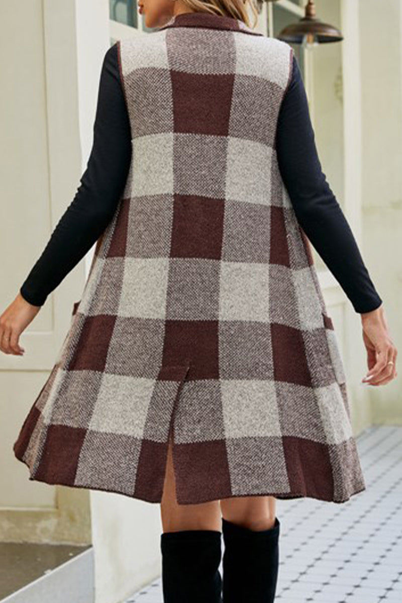 Plaid Patchwork Pocket Turn-back Collar Tops
