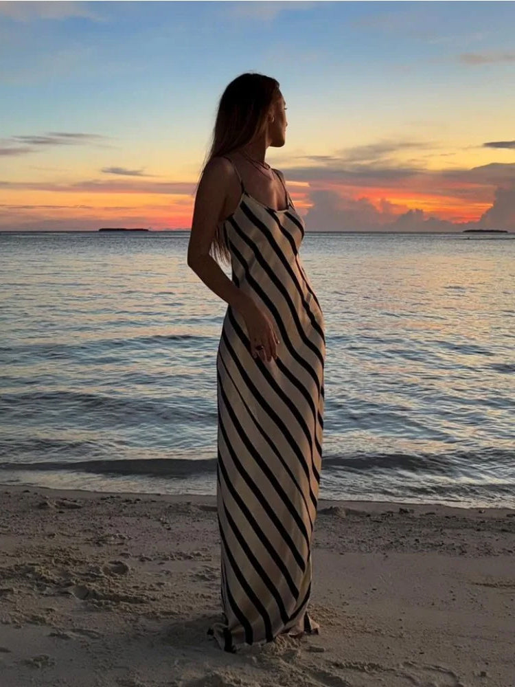 Tossy Zebra Printed Halter Dresses Female Sleeveless Slim Loose Printed Striped Long Dress ’s Backless Maxi Dress