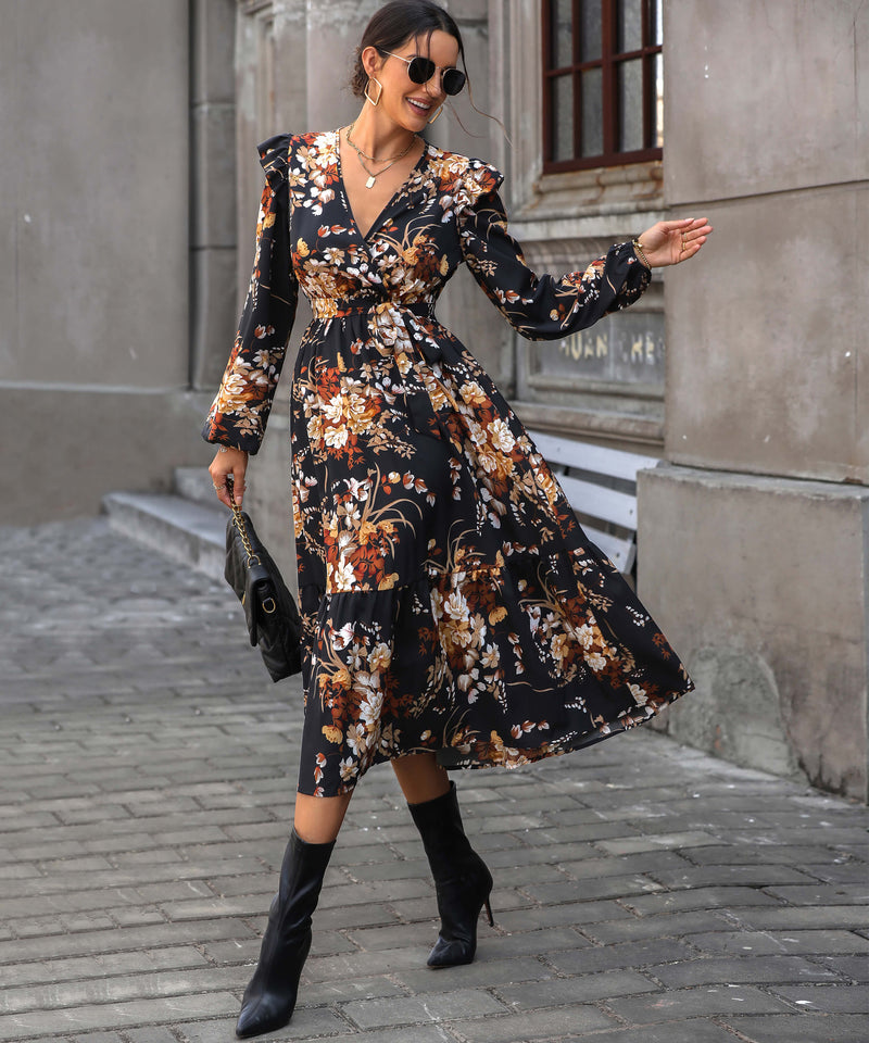 Harvest Love Print Tiered Midi Dress