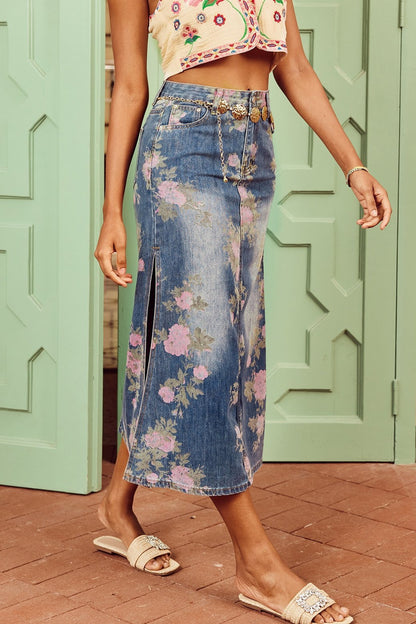 Casey Flower Print Denim Pencil Skirt