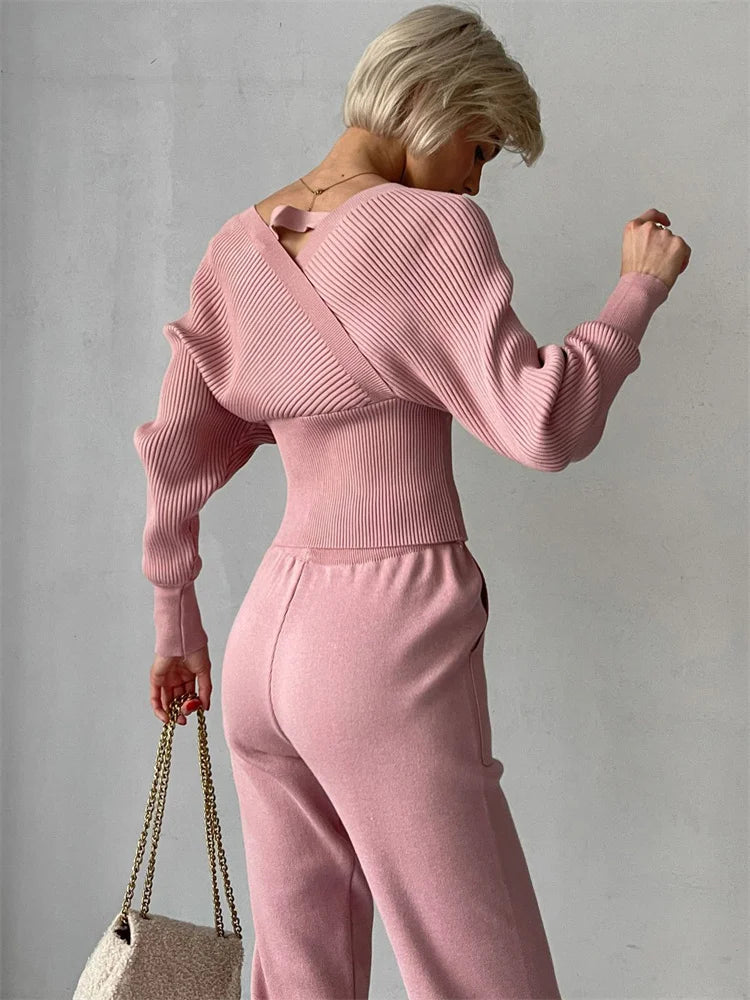 Tossy Knit V-neck Pullover 2 Piece-set for Patchwork Sweater and High Waist Drawstring ’s Pants Sets Outfits