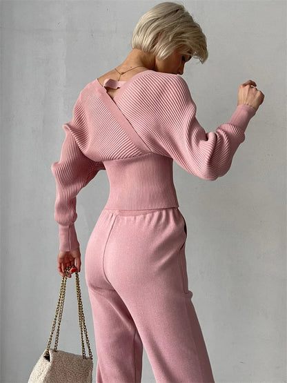 Tossy Knit V-neck Pullover 2 Piece-set for Patchwork Sweater and High Waist Drawstring ’s Pants Sets Outfits