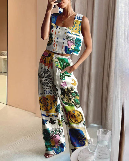 Printed Wide Leg Pants Vest Two Piece Set for – Matching Outfit