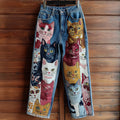 Vintage Colored Cat Embroidered Washed Jeans elevenforest