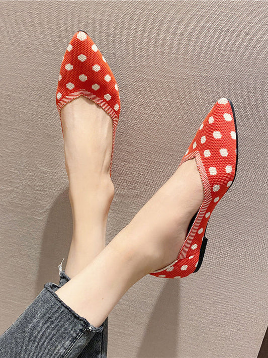 Contrast Color Pointed-toe Polka-dot V-cut Low Heels Flat Shoes