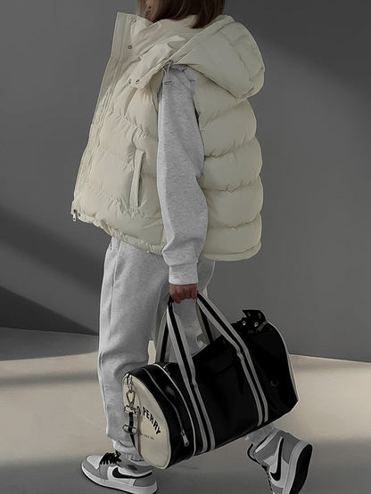 Loose Sleeveless Drawstring Split-joint Zipper Hooded Padded Vest