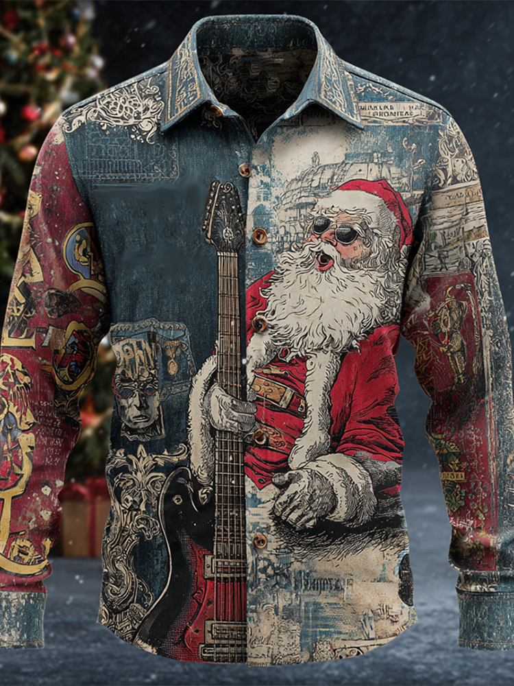 Comstylish Interesting Santa Claus Pattern Printed Men's Retro Cotton And Linen Shirt