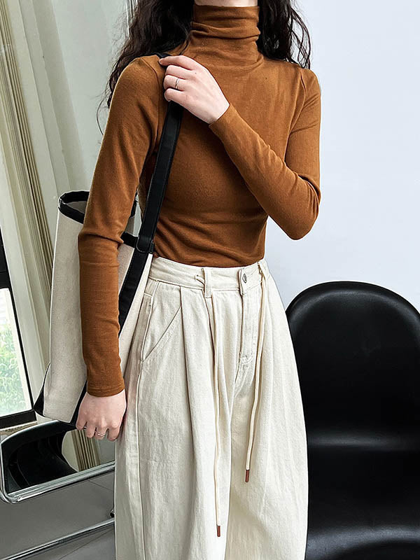 Long Sleeves Skinny Color Split-joint High Neck T-shirts