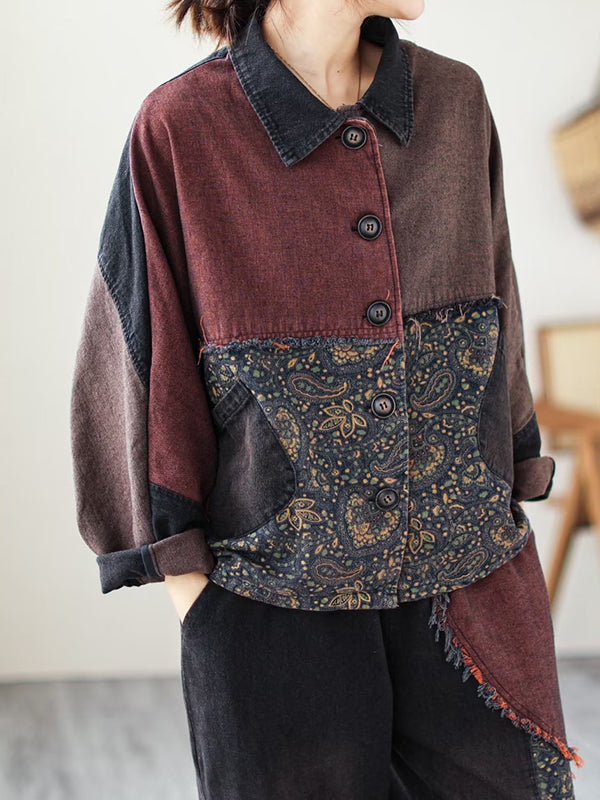Contrast Color Fringed Split-joint Long Sleeves Printed Outwear + Harem Pants Two Pieces Set