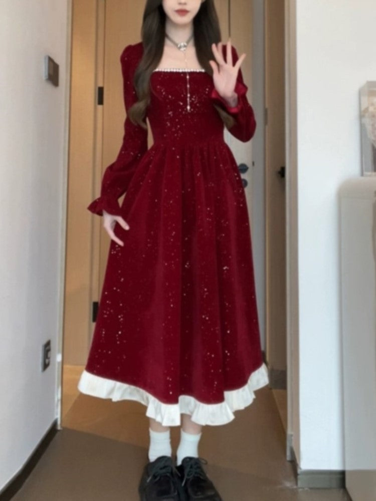 Velvet Mini Dress Square Collar Flare Sleeve Ruffles Patchwork A-line Birthday Party Prom Robe Vestidos Mujer New