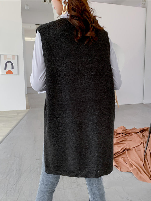 Sleeveless Split-side Color V-neck Knitted Vest