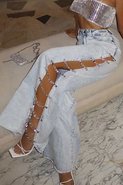 Sportswear Rhinestone High Waist Loose Denim Jeans