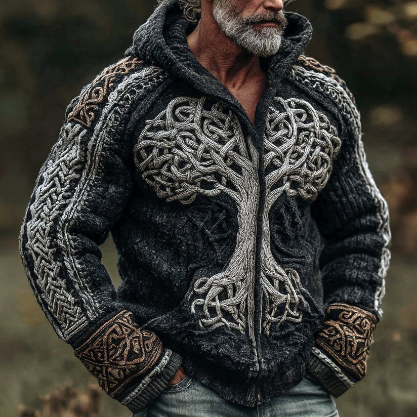 Men's Vintage Viking Tree Of Life Jacquard Knitted Cozy Zipper Up Hooded Cardigan artswardrobe
