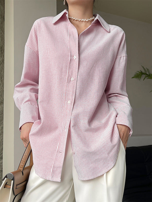 Urban Loose Striped Lapel Collar Blouses&shirts Tops