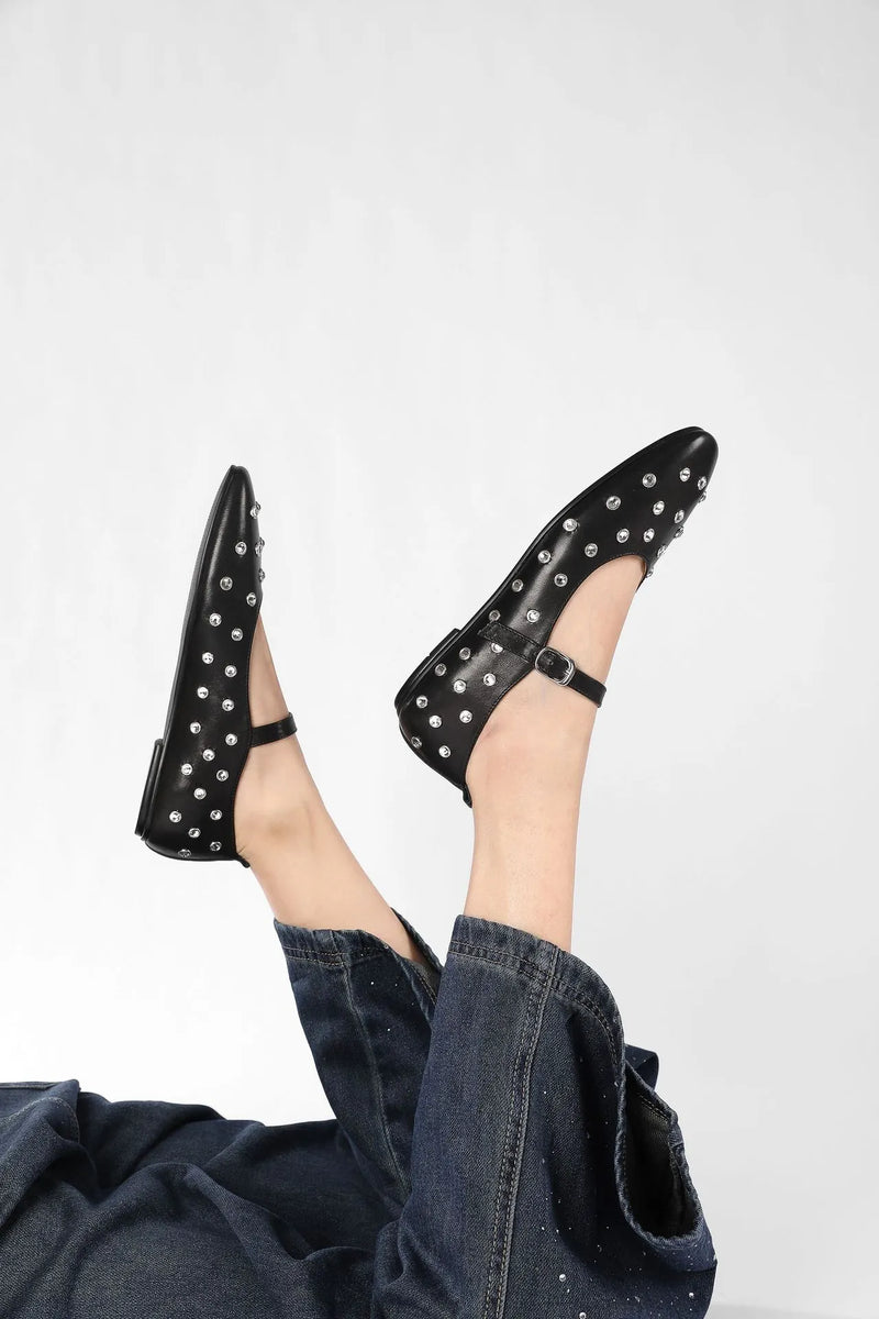 Studded Rhinestones Mary Jane One-line Buckle Ballet Flats