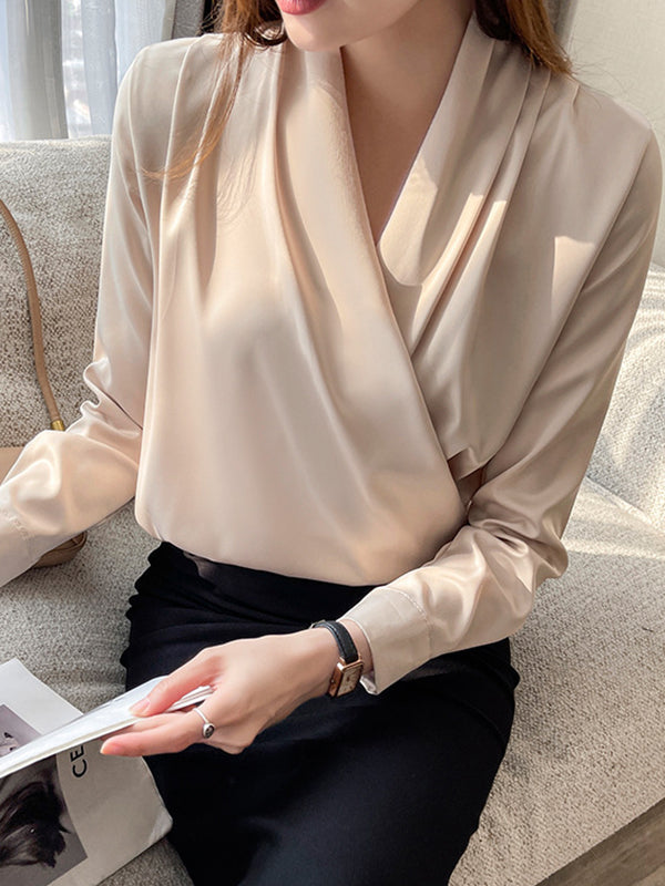 Long Sleeves Loose Buttoned Color V-neck Blouses&shirts Tops