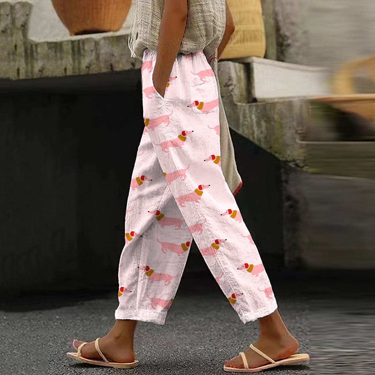 Comstylish Women's Vintage Dachshund Casual Pocket Pants