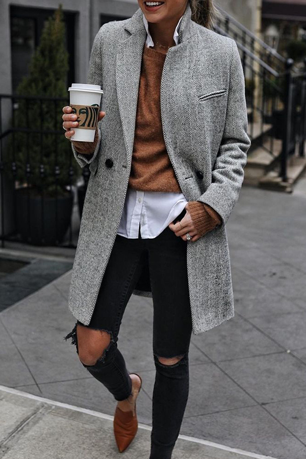 Street Striped Patchwork Buckle Turndown Collar Outerwear(3 Colors)