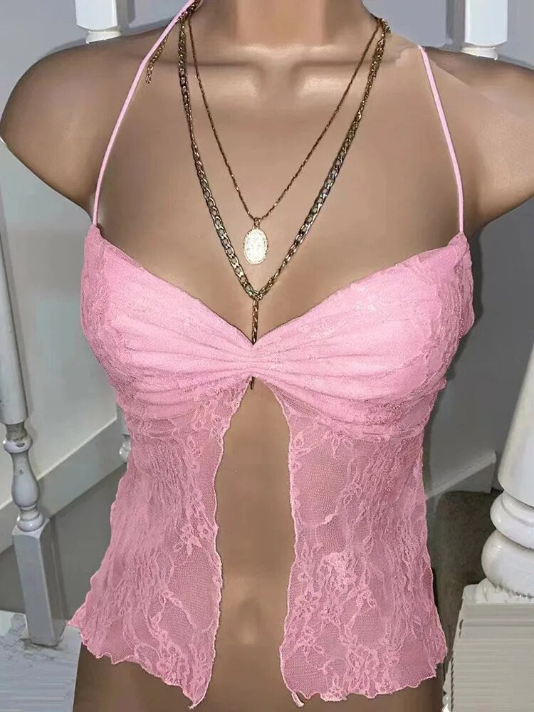 Crop Top Y2k Aesthetic Spaghetti Strap Sleeveless Lace Camisole Halter Tank