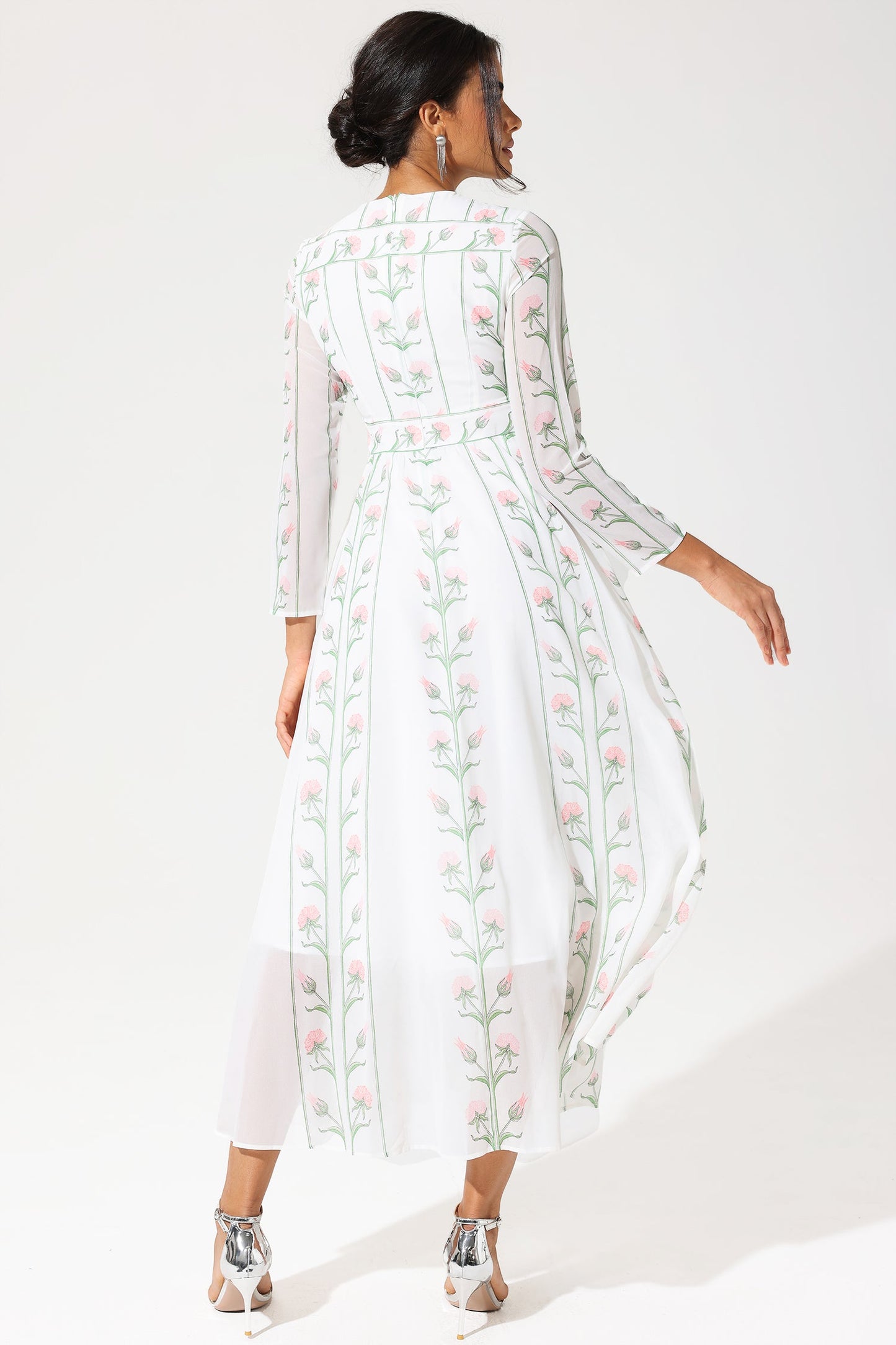 Long Sleeve Crew Collar Silk Georgette Midi Dress