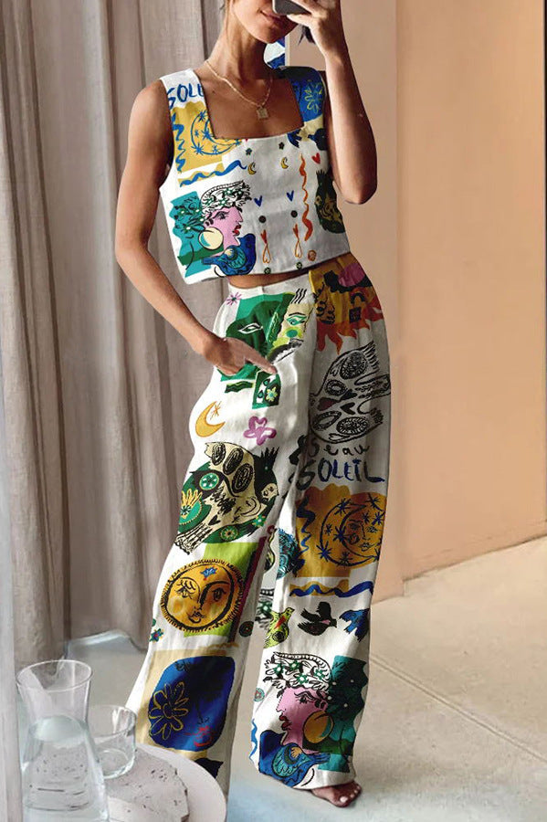 Printed Wide Leg Pants Vest Two Piece Set for – Matching Outfit