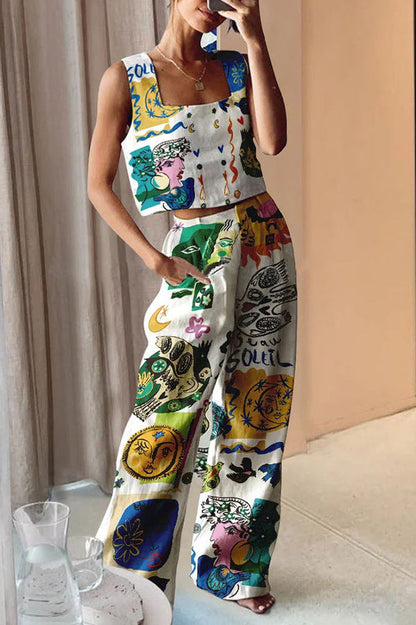 Printed Wide Leg Pants Vest Two Piece Set for – Matching Outfit