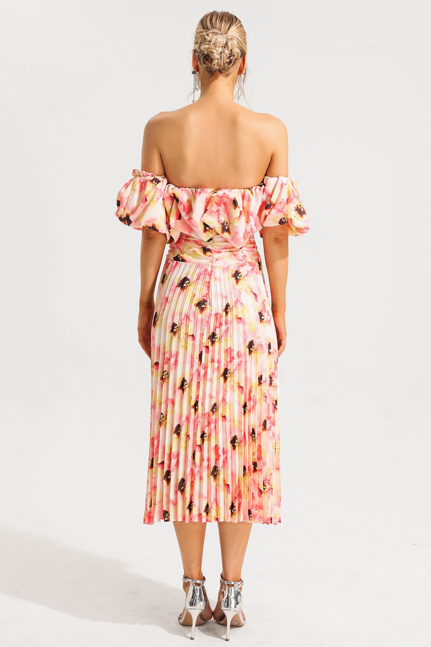 Off-shoulder Puff Sleeve Pleated Midi Dress Pink