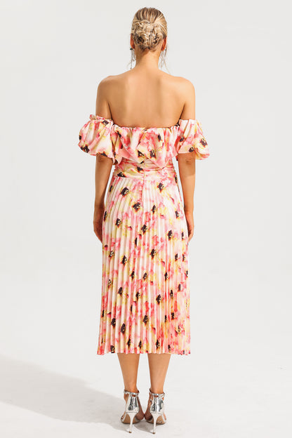 Off-shoulder Puff Sleeve Pleated Midi Dress Pink