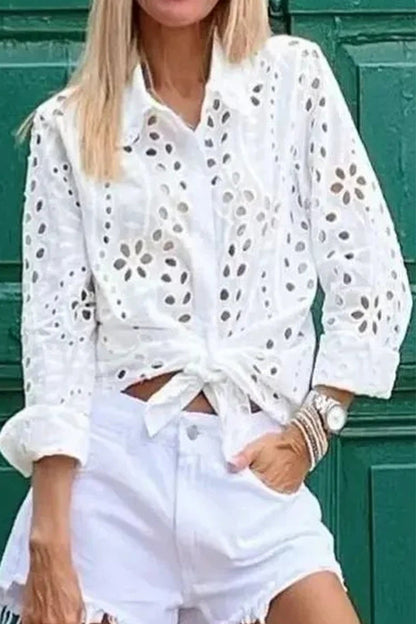 Hollowed Out Turndown Collar Blouses