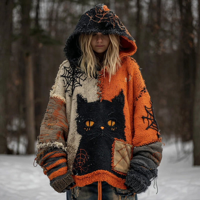 Women's Black Cat Patchwork Stitched Cozy Knit Hooded artswardrobe