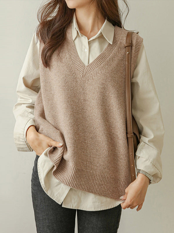 Loose Sleeveless Color V-neck Sweater Vest Outerwear