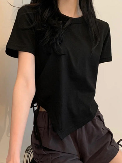 Round Collar Short Sleeve T-shirt Irregular Bandage Slim Crop Tops for Woman Summer All-match Basic