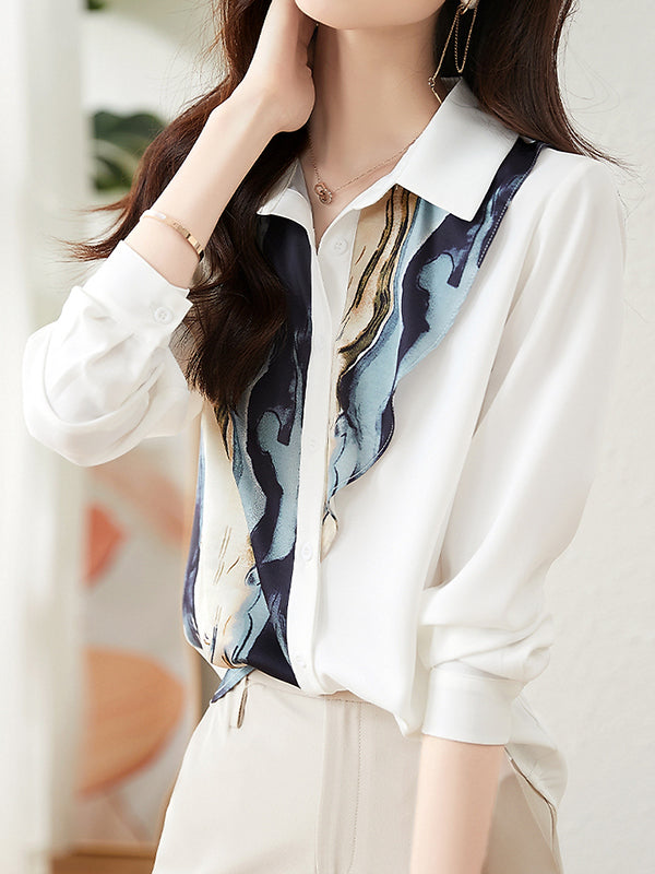 Long Sleeves Loose Buttoned Printed Lapel Blouses&shirts Tops
