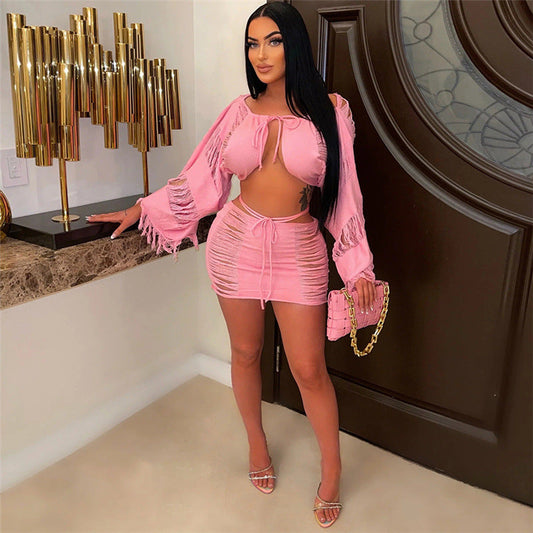 Spring Clothing Color Long Sleeve Lace Up Cardigan Loose Fitting Tassel Top for