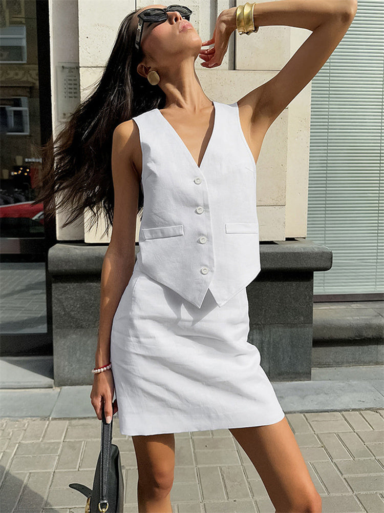Tossy Slim 2 Piece-set Mini Skirt ’s V-neck Sleeveless Cardigan Patchwork Top and Skirt Sets Summer Outfits