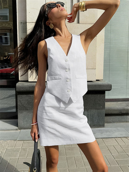 Tossy Slim 2 Piece-set Mini Skirt ’s V-neck Sleeveless Cardigan Patchwork Top and Skirt Sets Summer Outfits