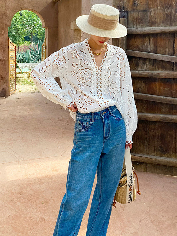 Long Sleeves Loose Hollow See-through Color Split-joint V-neck Blouses&shirts Tops