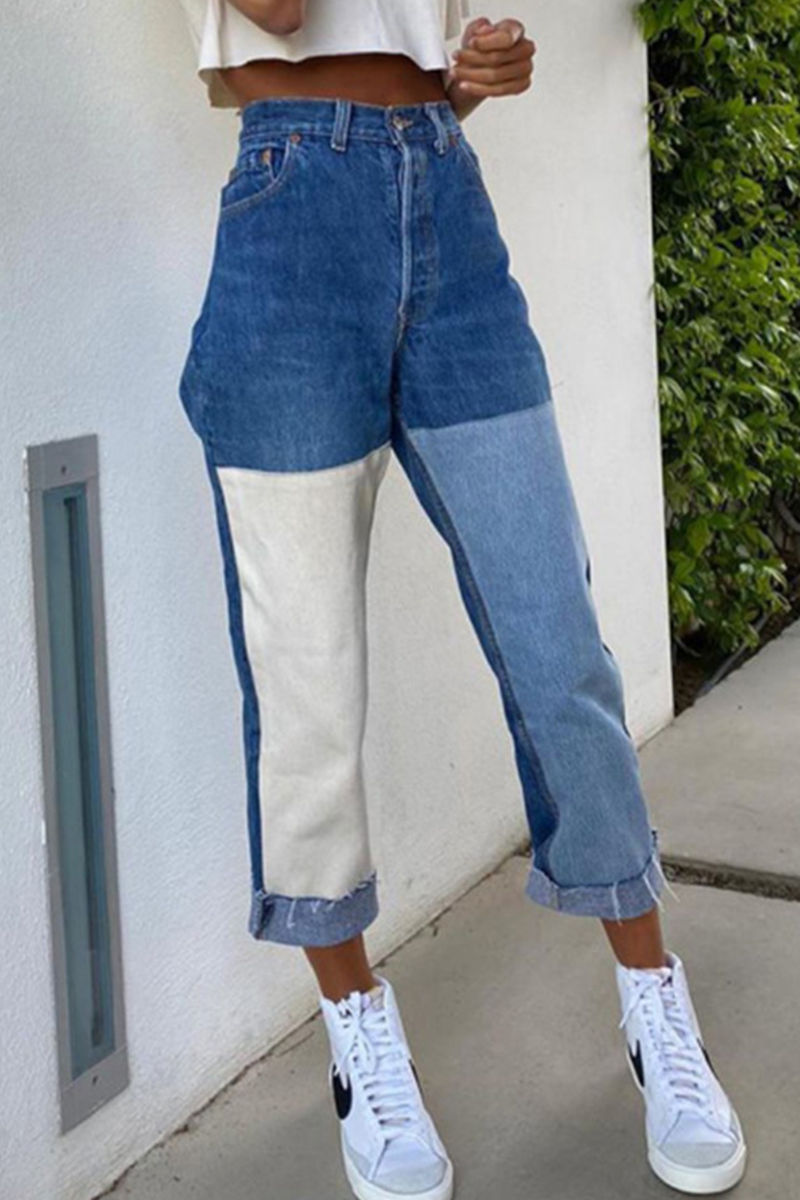Print Split Joint Mid Waist Straight Denim Jeans
