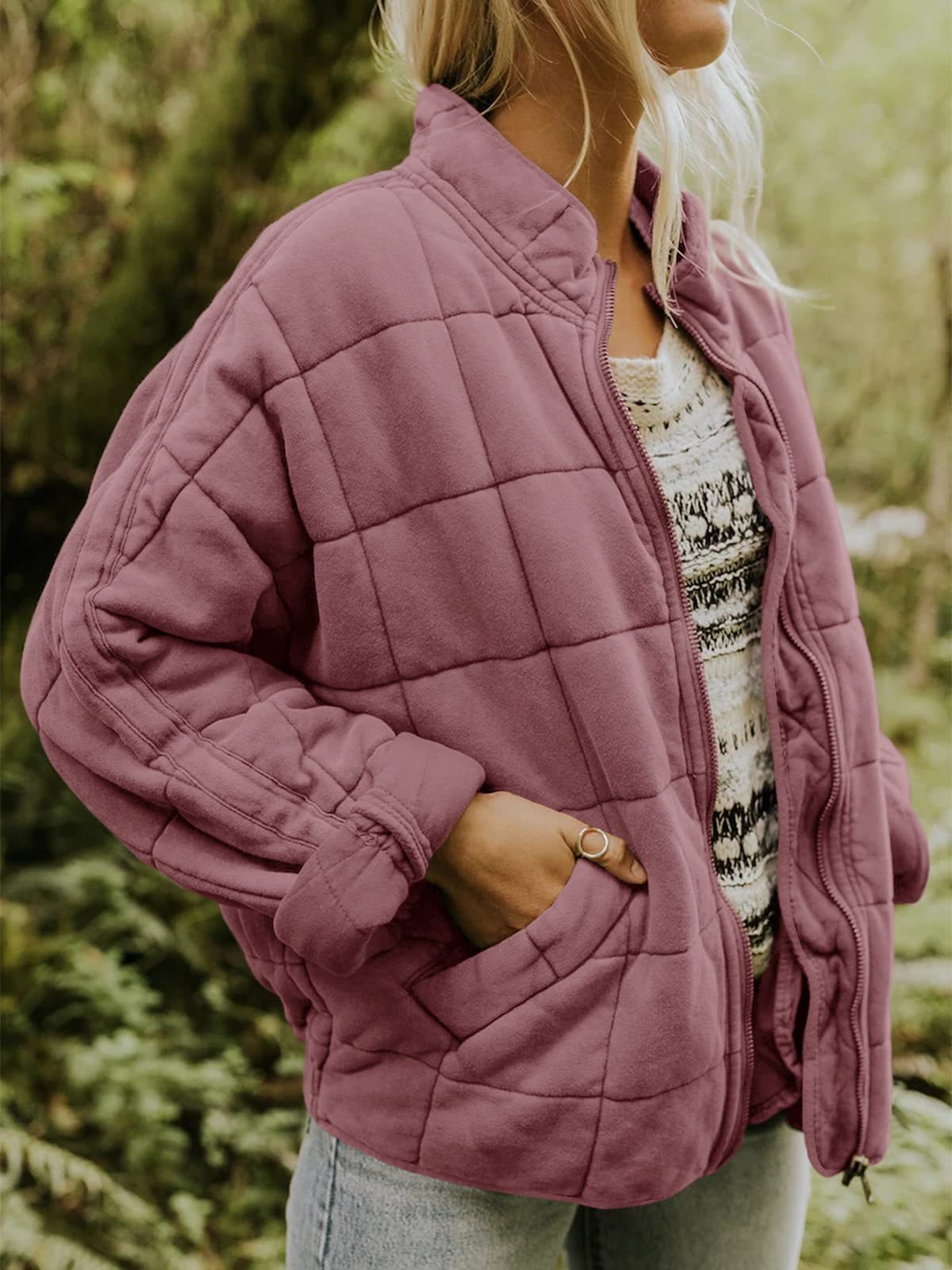 Stand collar padded loose pocket jacket