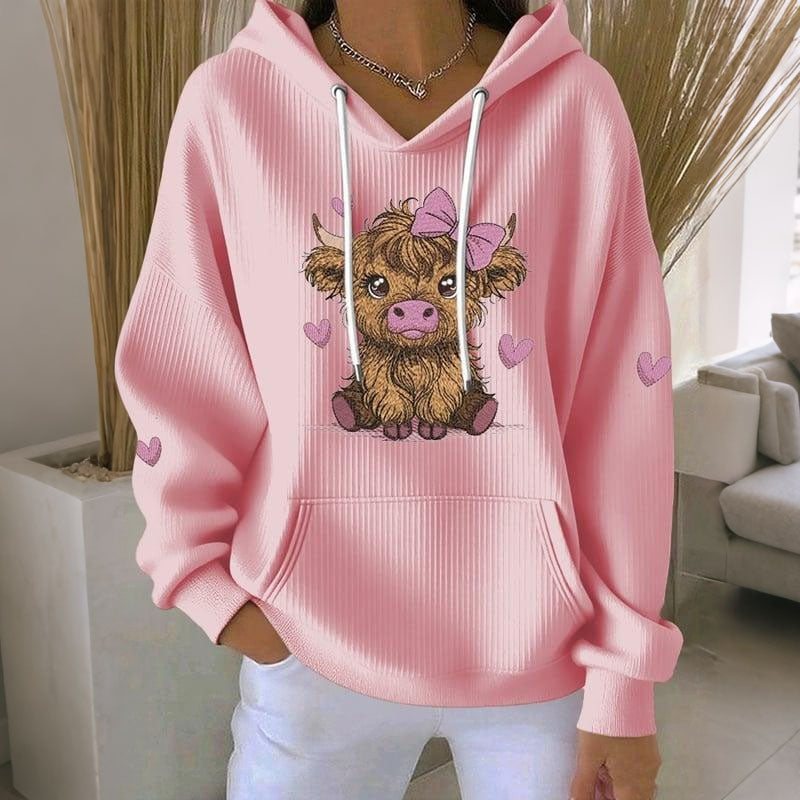 Women's Cute Heart Highland Cow Print Long Sleeve Casual Hoodie artswardrobe