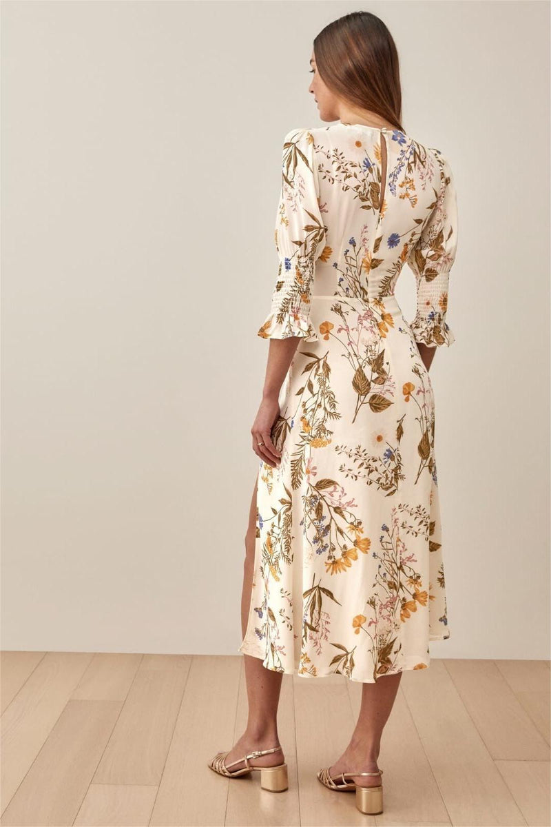 Crew Collar Mid Sleeve Slit Midi Dress