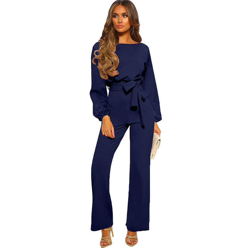 Spring Autumn Color Jumpsuit Pullover Long Sleeve Waist Wide Leg Pants