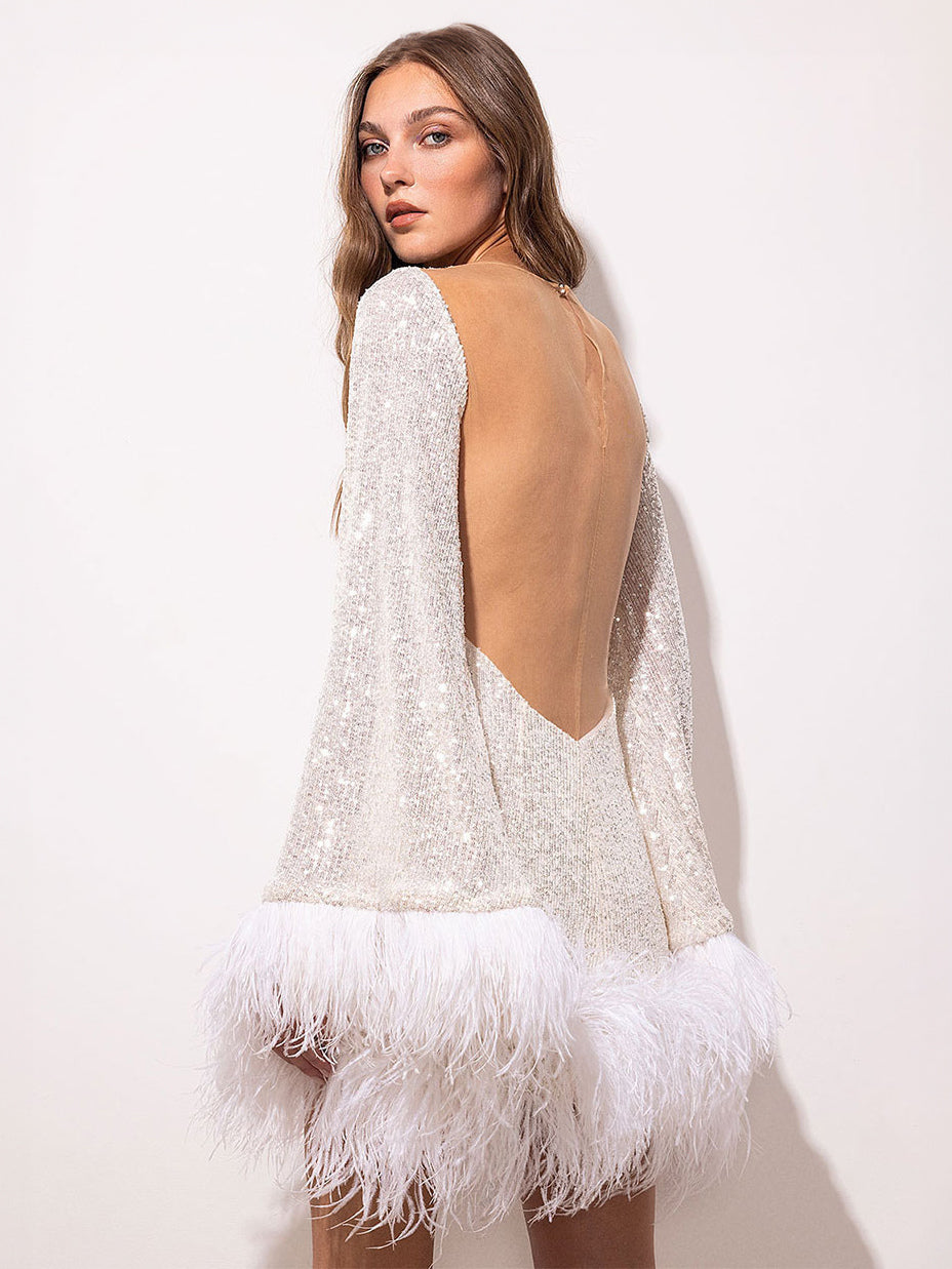 White Sequins Dress Flared Sleeves Feather Trim Backless Mini Dresses
