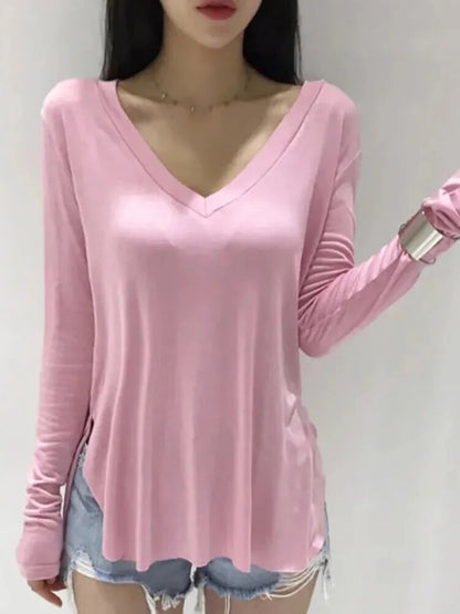 V Neck T Shirt for Spring Korean Style Woman Clothes Basic T Shirts Long Sleeve Tops Loose Tee Shirt Camisetas