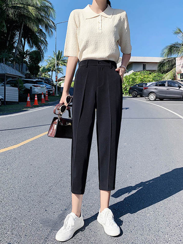 Suit Pants Woman High Waist Pants Office Lady Harem Pants Trousers Black Beige Korean Capris