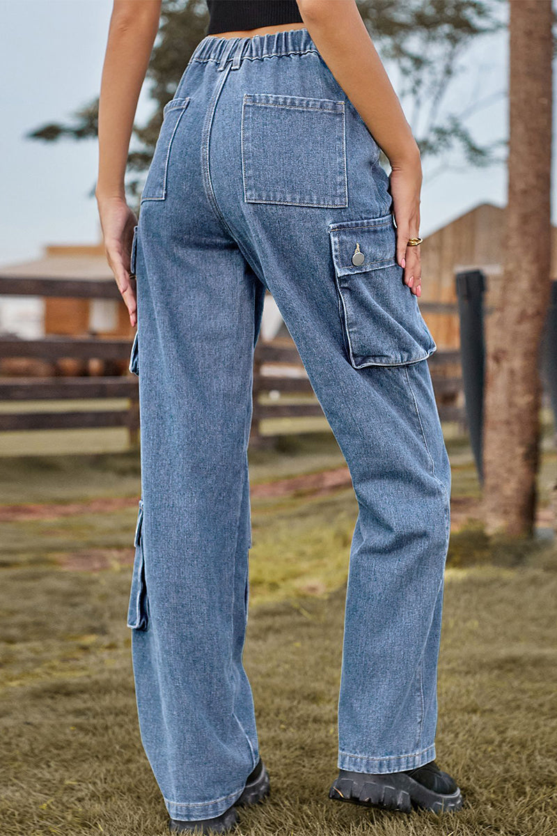 Street Pocket Mid Waist Loose Denim Jeans