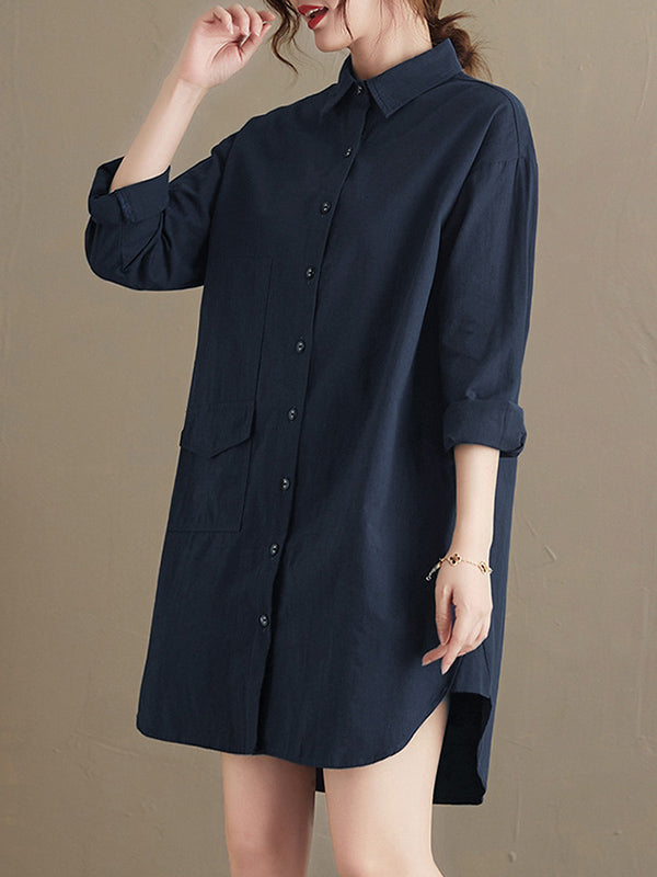 Simple Buttoned Lapel Collar Long Sleeves Blouse
