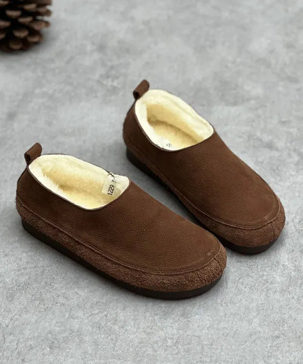 Chocolate Flats Cowhide Leather Fuzzy Wool Lined Flats