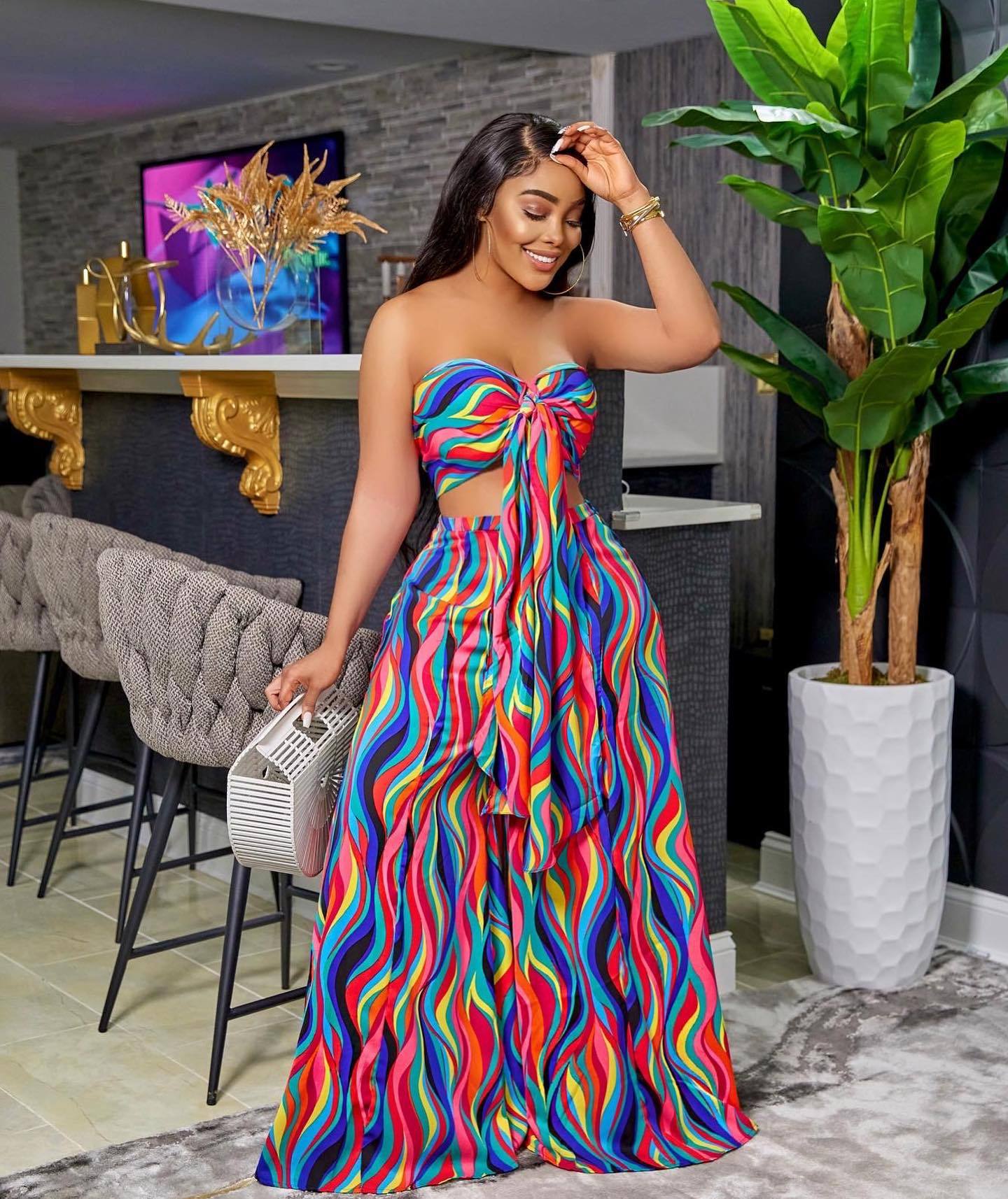 ’s Colorful Printing Lace Up Tube Top Wide Leg Pants Suit – Spring Summer