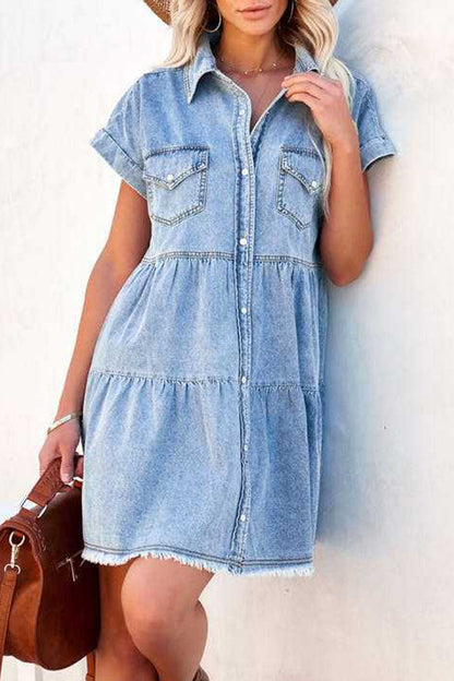 Street Patchwork Turndown Collar Short Sleeve Loose Denim Dresses